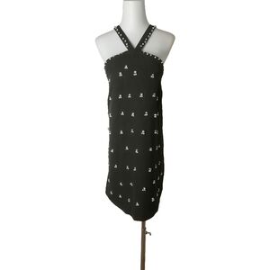 🐝 M, black halter neck mini dress with pearl and rhinestone details